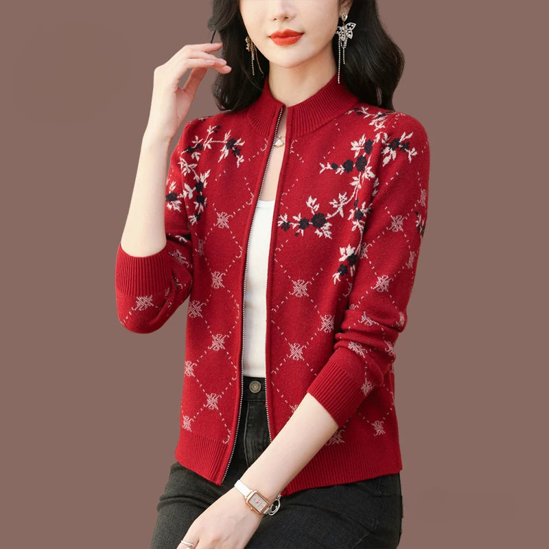 Floral Jacquard Zip-Front Cardigan, Small Stand Collar