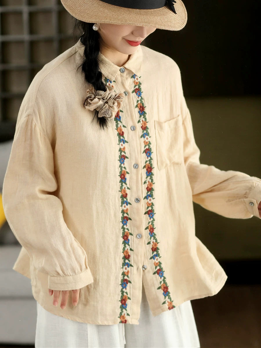 100% Linen Button-Front Top with Floral Embroidery