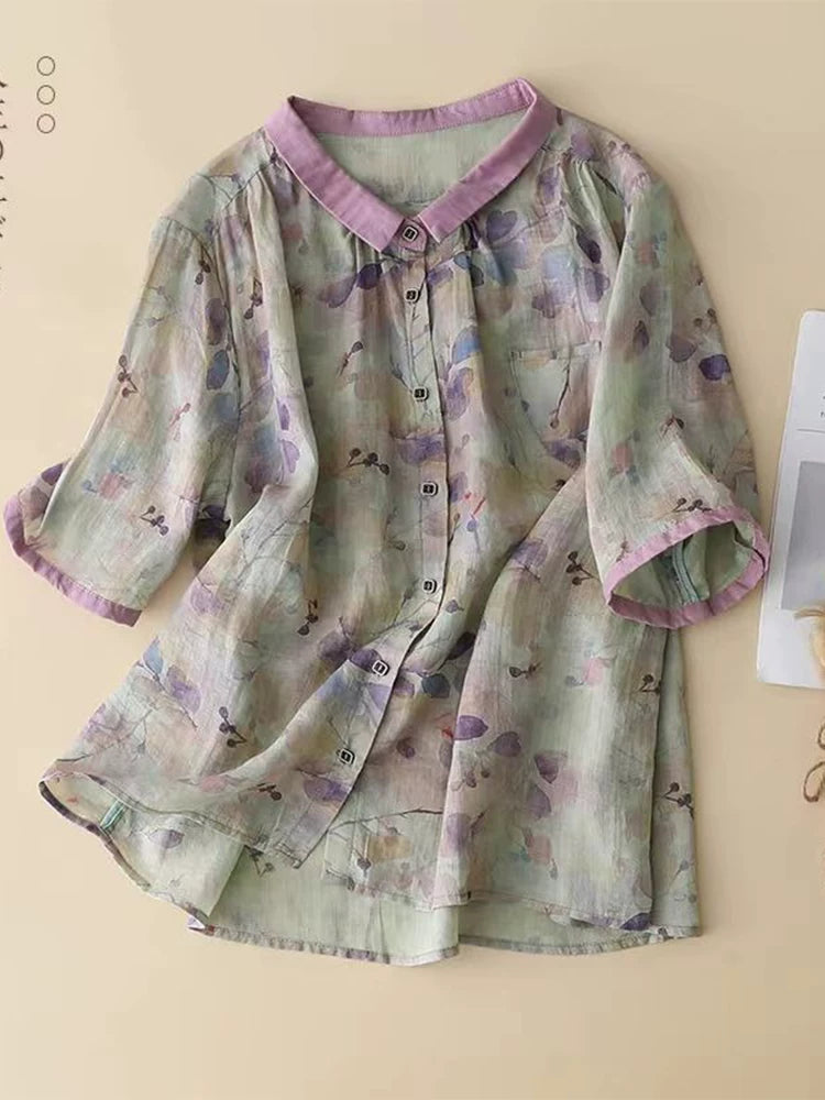 Floral Print Cotton Linen Three Quarter Sleeve Shirt