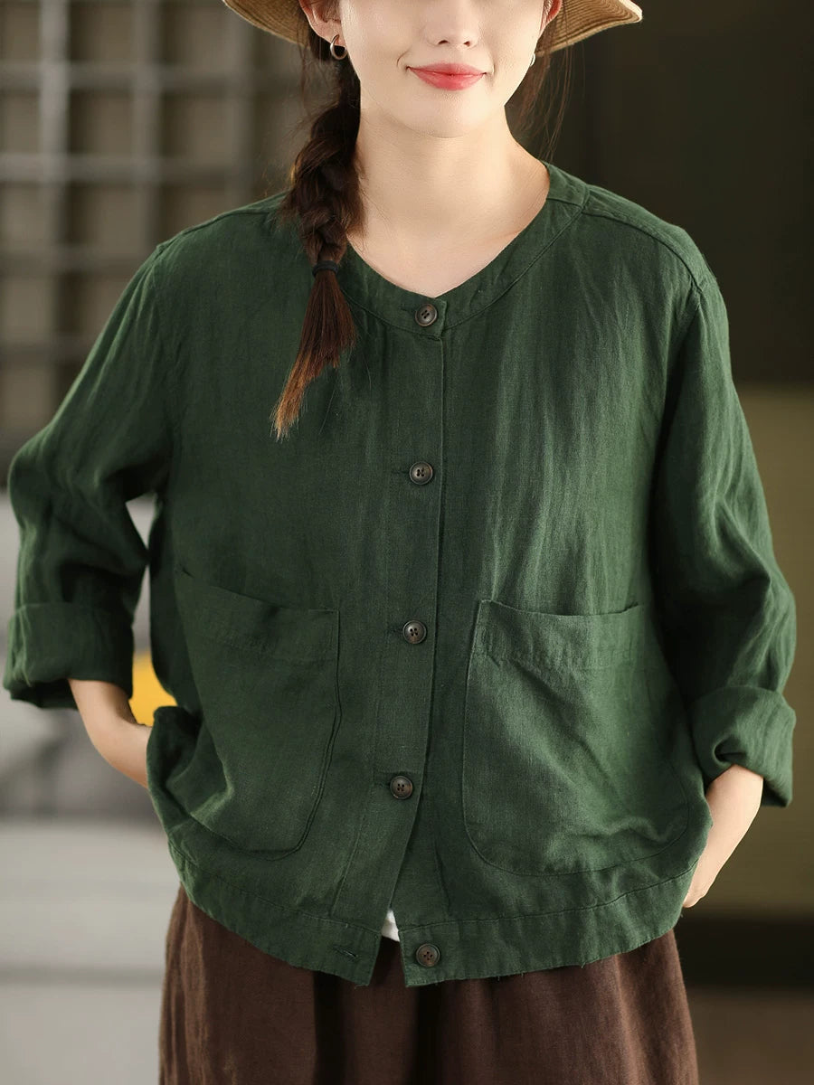 100% Linen Button-Front Top with Patch Pockets