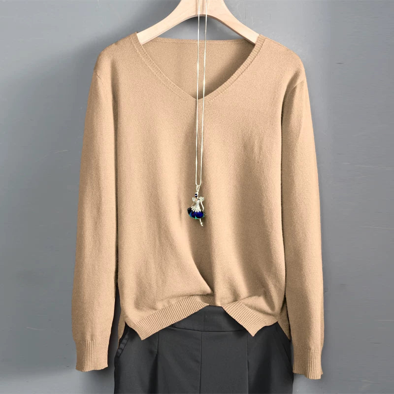 V-Neck Knit Top with Ribbed Cuffs & Side Slit