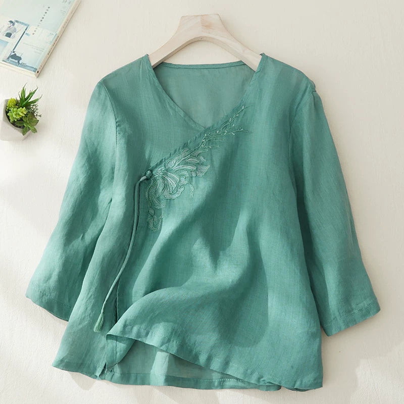 Embroidered V-Neck Top with Asymmetrical Tie Detail