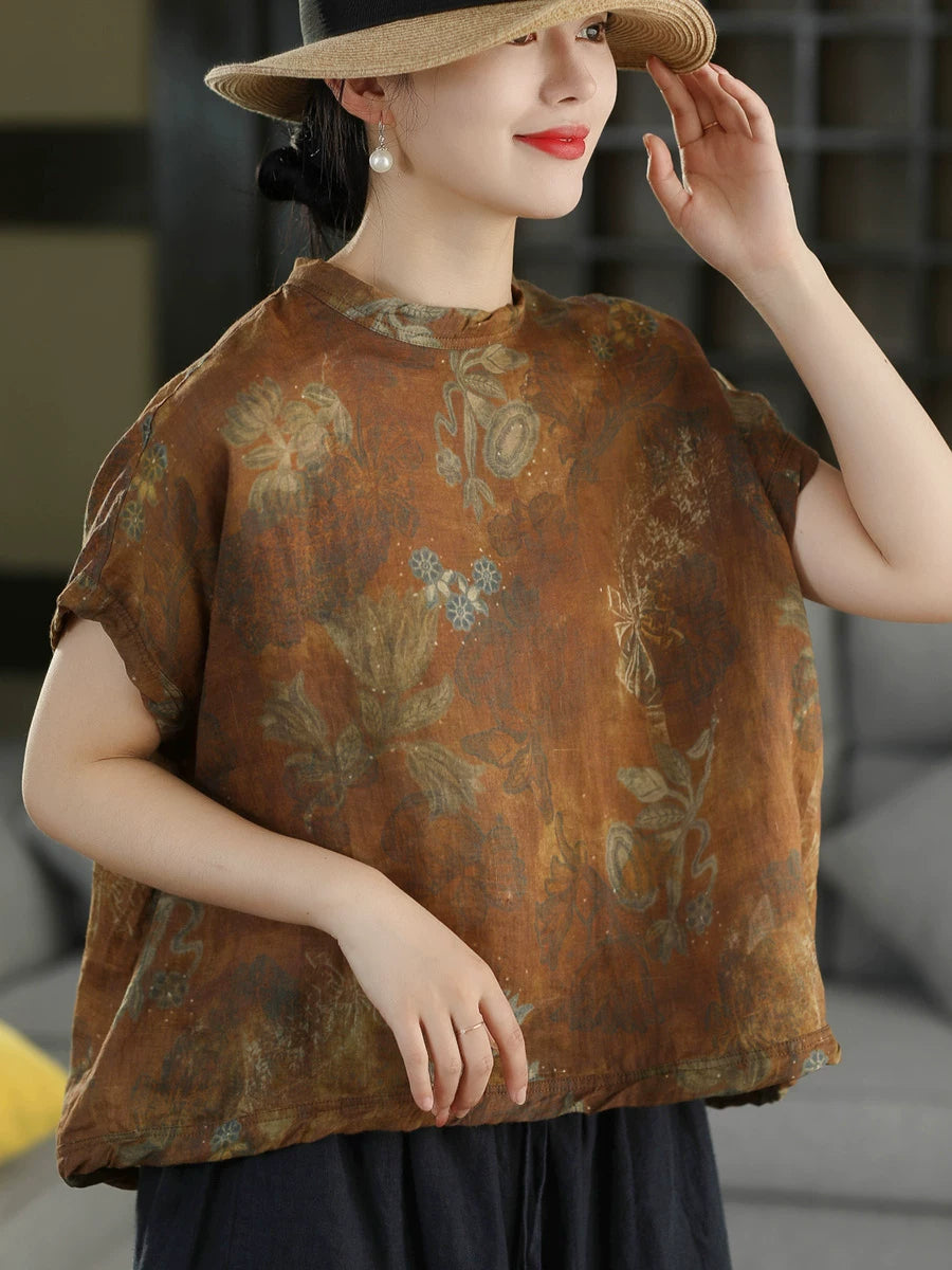100% Ramie Top with Floral Print & Small Stand Collar