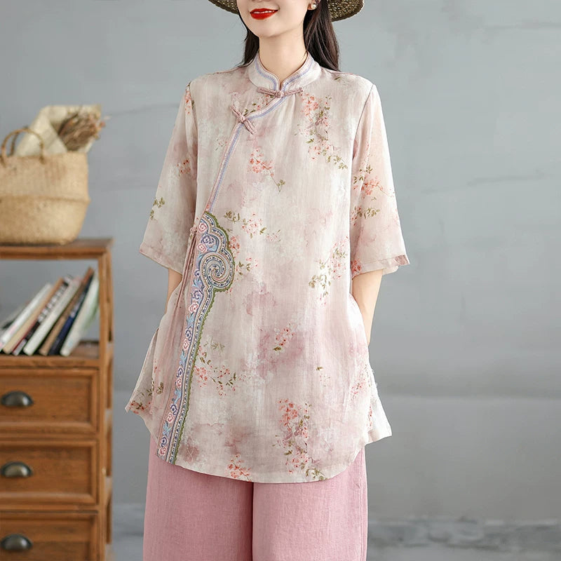 Linen-Look Floral Tunic with Chinese-Style Stand Collar