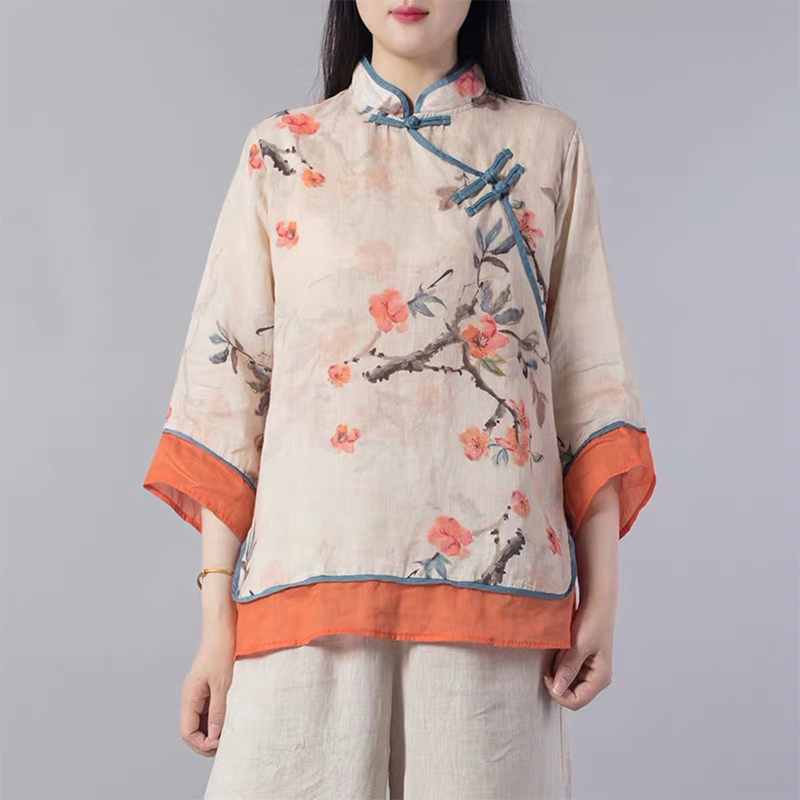 Floral Print Cotton Linen Three Quarter Sleeve Shirt