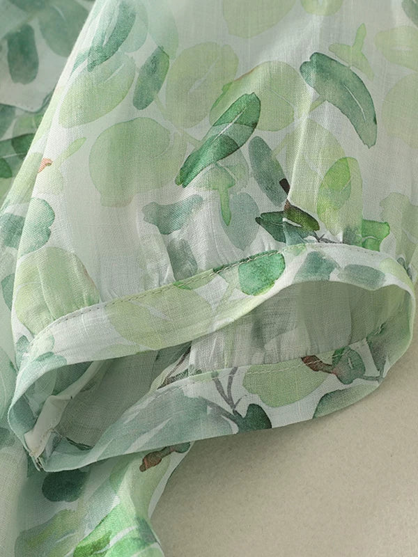 Floral Print Cotton Linen Three Quarter Sleeve Shirt
