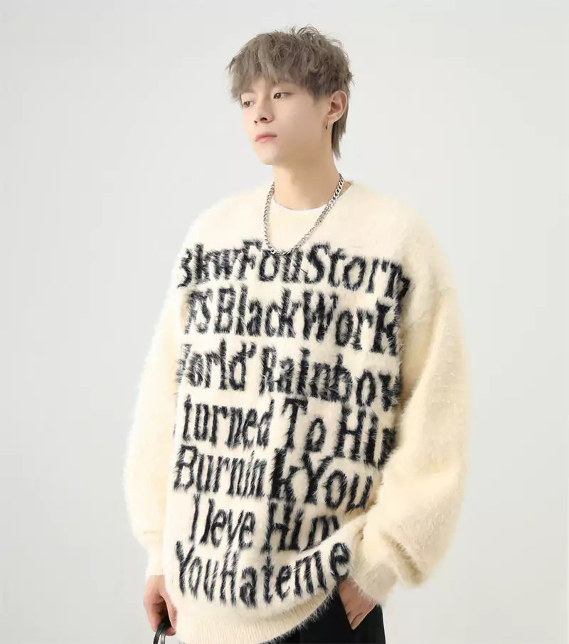 Oversized American Letter Intarsia Mohair Knitted Sweater