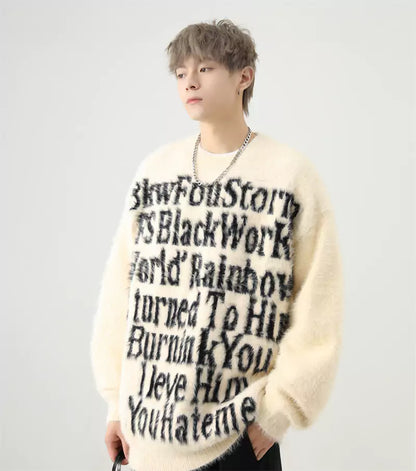Oversized Mohair-Strickpullover mit Intarsienmuster im amerikanischen Buchstabenmuster