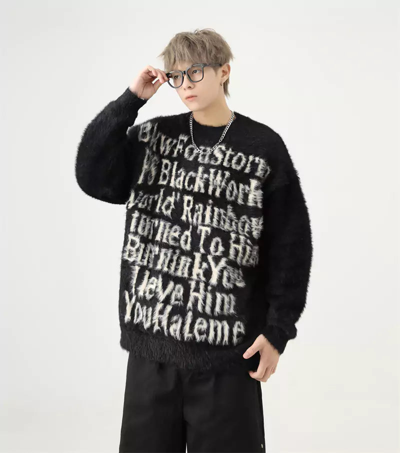 Oversized American Letter Intarsia Mohair Knitted Sweater