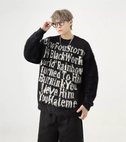 Oversized Mohair-Strickpullover mit Intarsienmuster im amerikanischen Buchstabenmuster