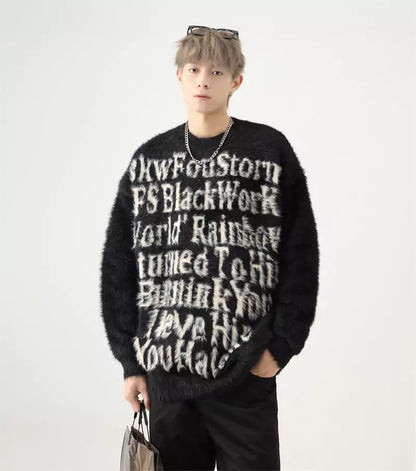 Oversized Mohair-Strickpullover mit Intarsienmuster im amerikanischen Buchstabenmuster