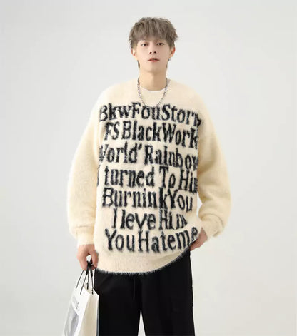 Oversized Mohair-Strickpullover mit Intarsienmuster im amerikanischen Buchstabenmuster