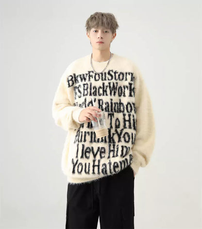 Oversized Mohair-Strickpullover mit Intarsienmuster im amerikanischen Buchstabenmuster