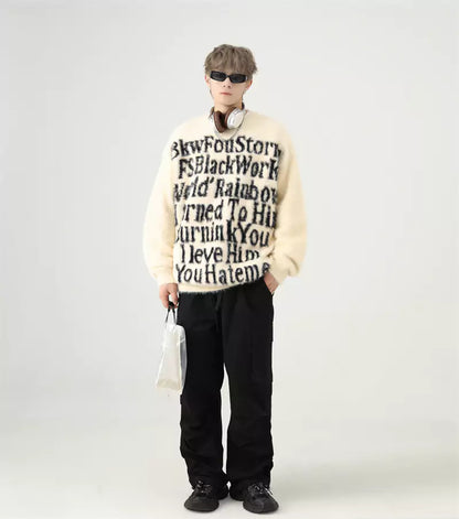 Oversized Mohair-Strickpullover mit Intarsienmuster im amerikanischen Buchstabenmuster