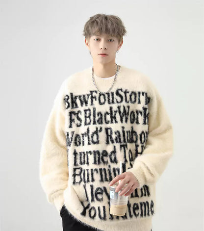 Oversized Mohair-Strickpullover mit Intarsienmuster im amerikanischen Buchstabenmuster