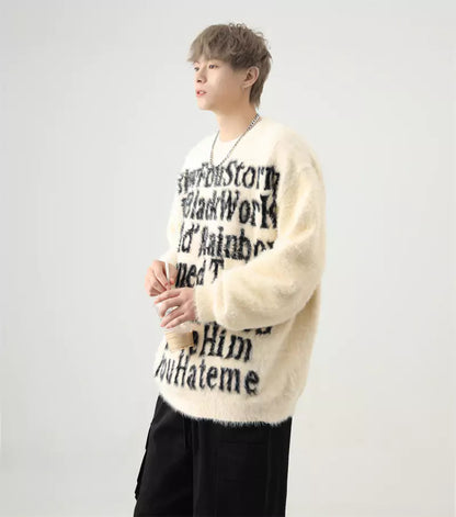 Oversized Mohair-Strickpullover mit Intarsienmuster im amerikanischen Buchstabenmuster