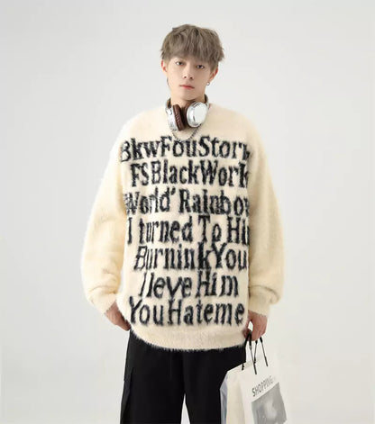 Oversized Mohair-Strickpullover mit Intarsienmuster im amerikanischen Buchstabenmuster