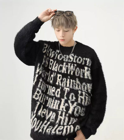Oversized Mohair-Strickpullover mit Intarsienmuster im amerikanischen Buchstabenmuster