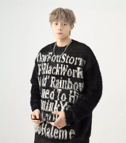 Oversized Mohair-Strickpullover mit Intarsienmuster im amerikanischen Buchstabenmuster