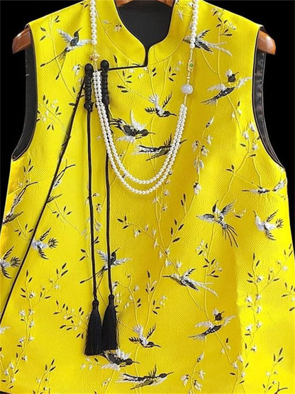 Gelbe Brokat-Jacquard-Weste im Vintage-Stil (chinesischer Stil) für Herbst/Winter mit Froschknöpfen