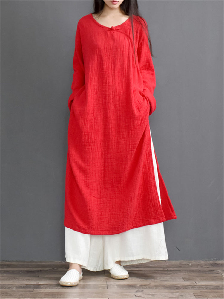 Vintage-Maxikleid im Zen-Stil aus rotem Baumwoll-Leinen-Mischgewebe für Damen mit Seitenschlitz, überkreuztem Kragen und Froschknöpfen