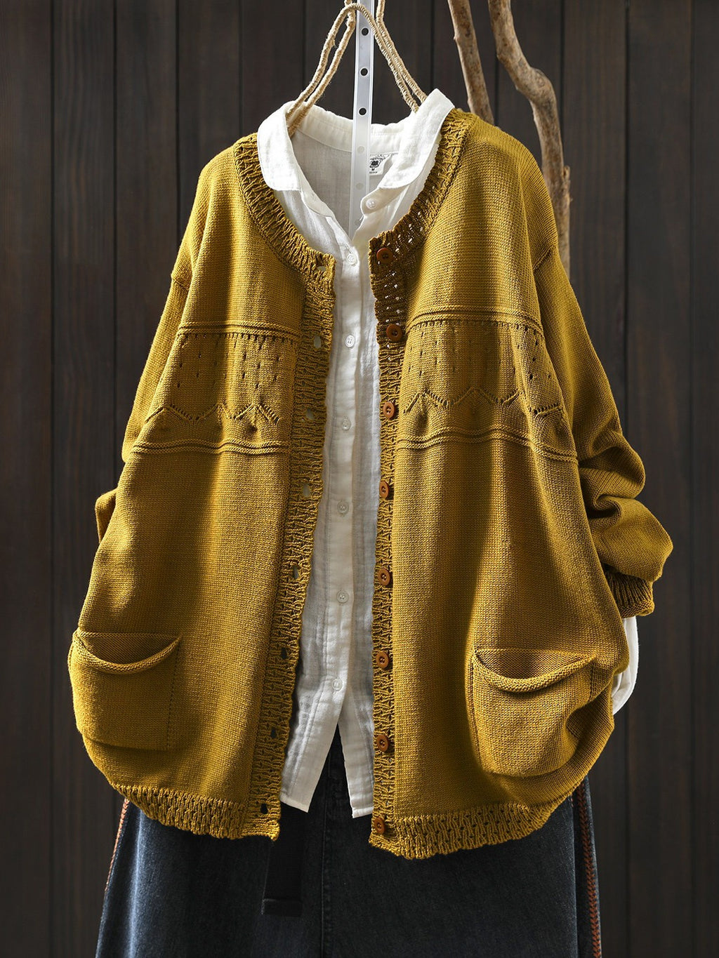 Soft Knit Cardigan with Openwork Panels & Ruffles