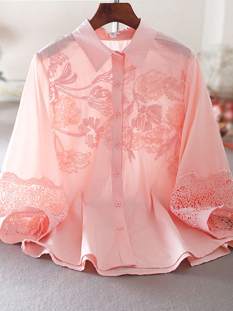 100% Cotton Blouse with Floral Embroidery & Lace Cuffs