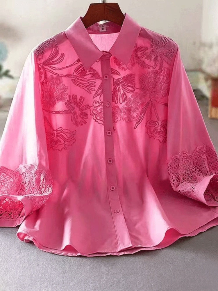 100% Cotton Blouse with Floral Embroidery & Lace Cuffs