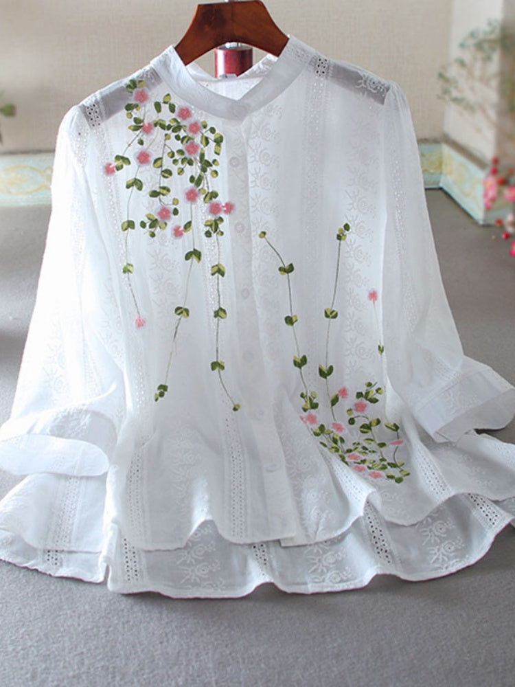 Cotton Blouse with Floral Embroidery & Eyelet Lace