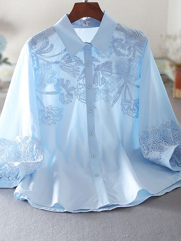 100% Cotton Blouse with Floral Embroidery & Lace Cuffs