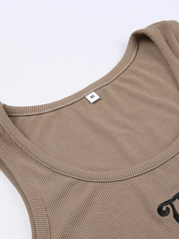 U Neck Embroidery Ribbed Tank Top