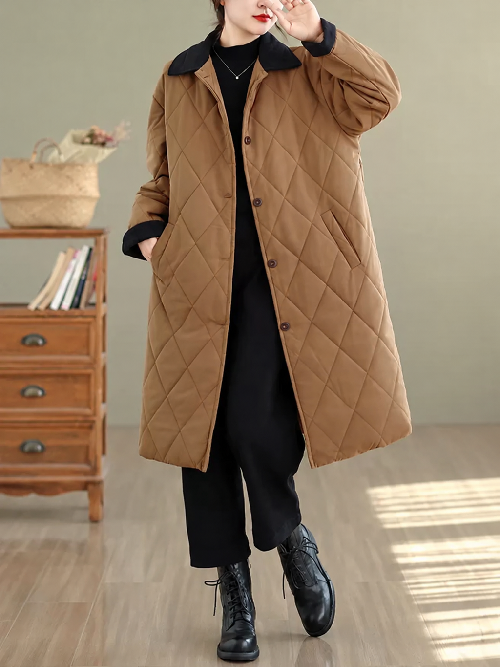 Quilted Padded Coat with Contrast Corduroy Collar