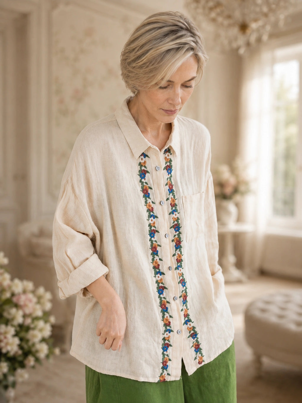Relaxed 100% Linen Shirt with Dimensional Floral Embroidery