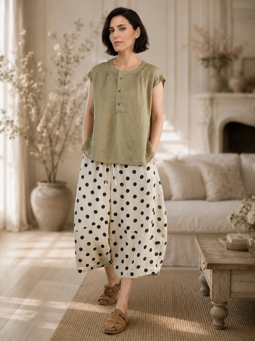 100% Ramie Balloon-Leg Cropped Pants with Polka Dots