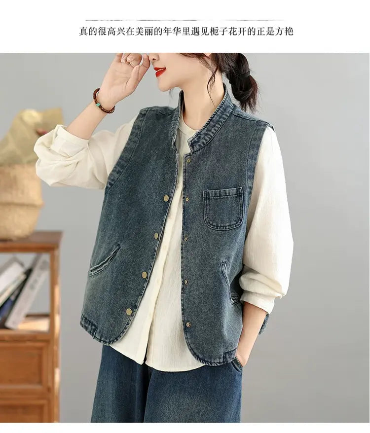 Distressed Washed Denim Vest for Women