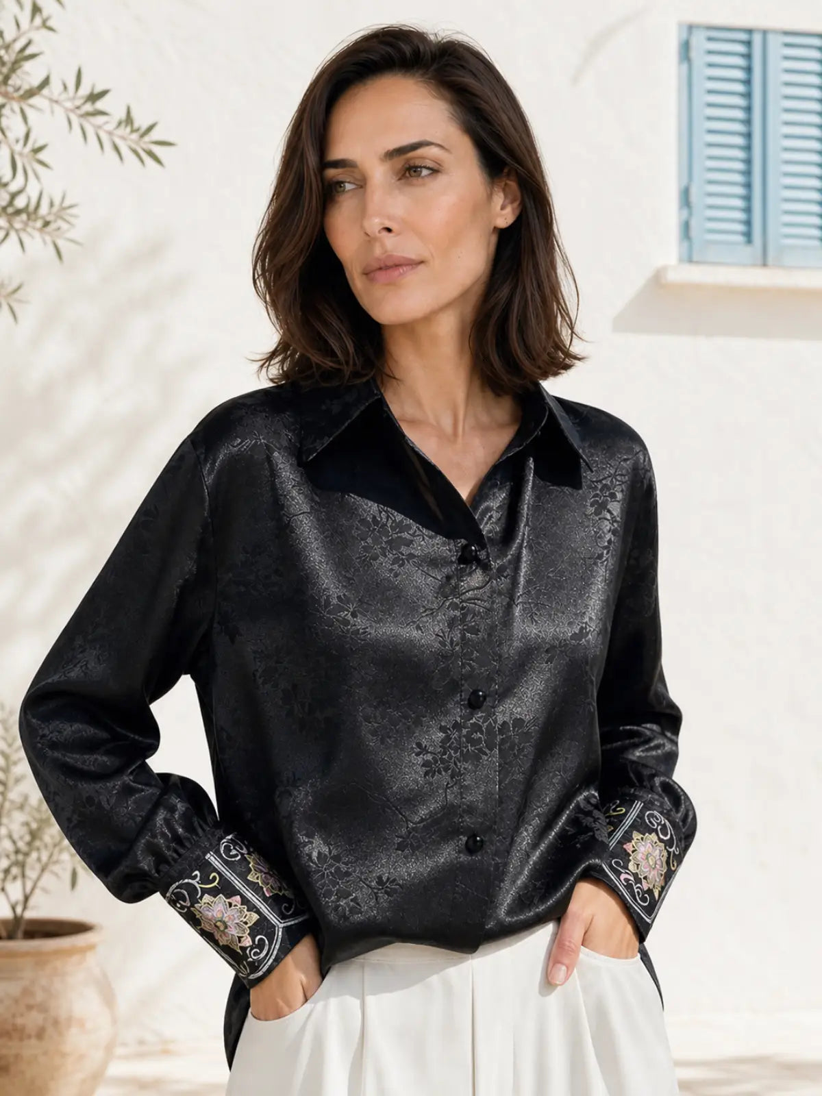Acetate Satin Blouse with Jacquard Floral & Embroidered Cuffs - detail view