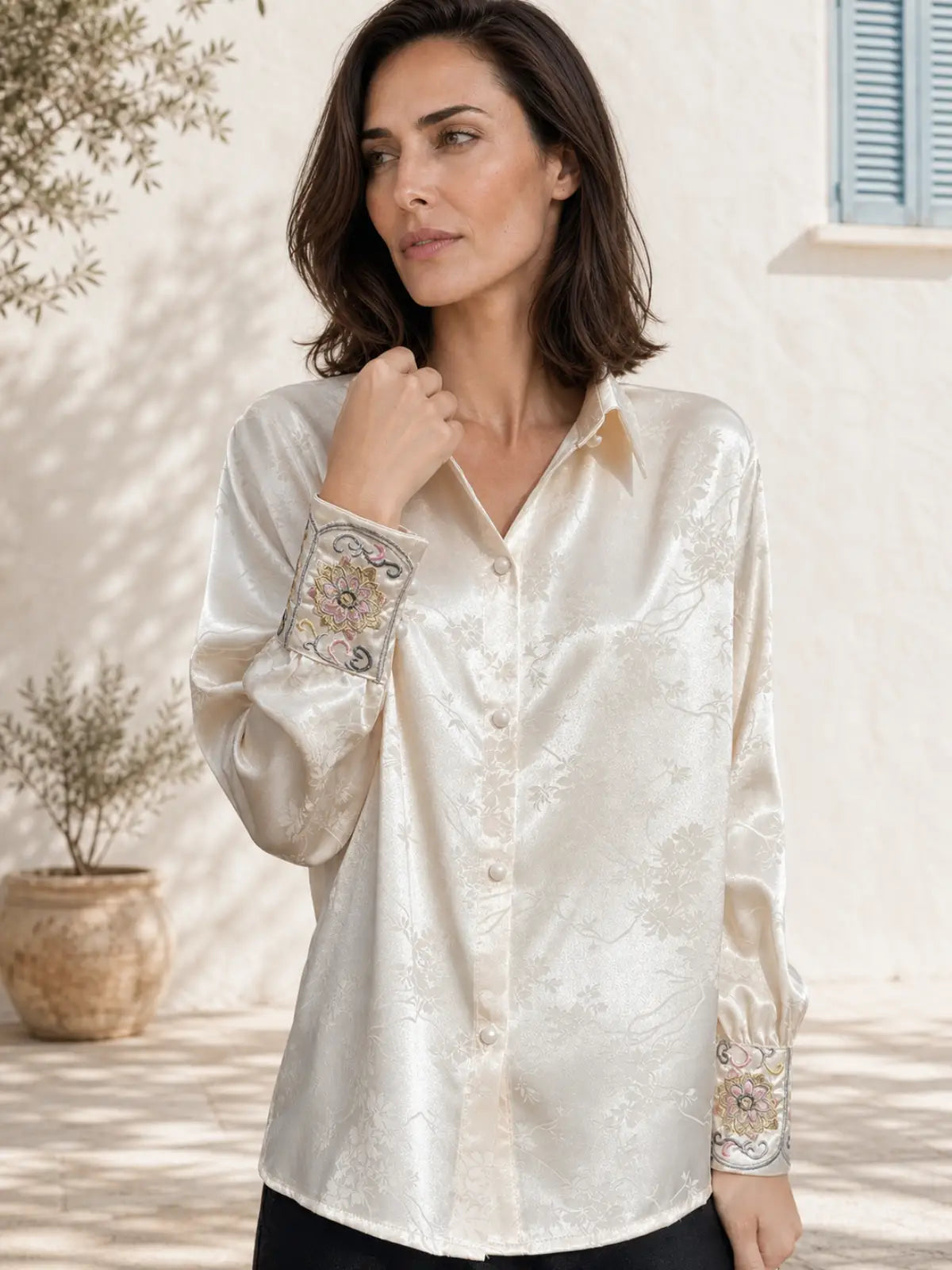 Acetate Satin Blouse with Jacquard Floral & Embroidered Cuffs - full body view