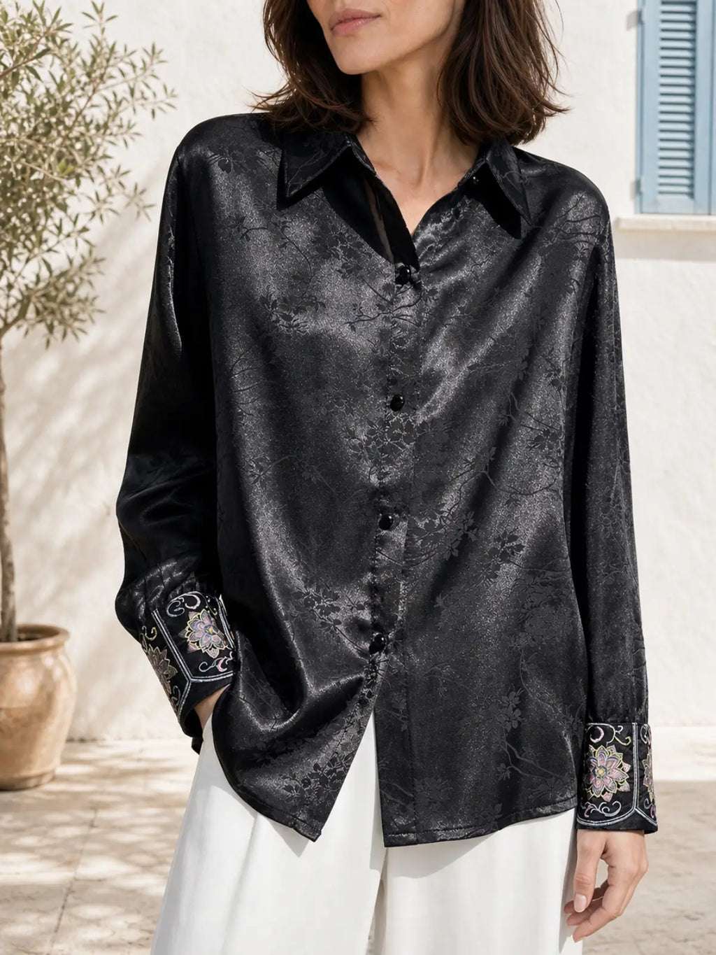 Acetate Satin Blouse with Jacquard Floral & Embroidered Cuffs - main model view