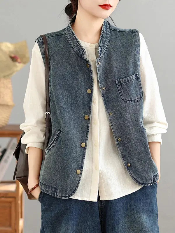 Distressed Washed Denim Vest for Women