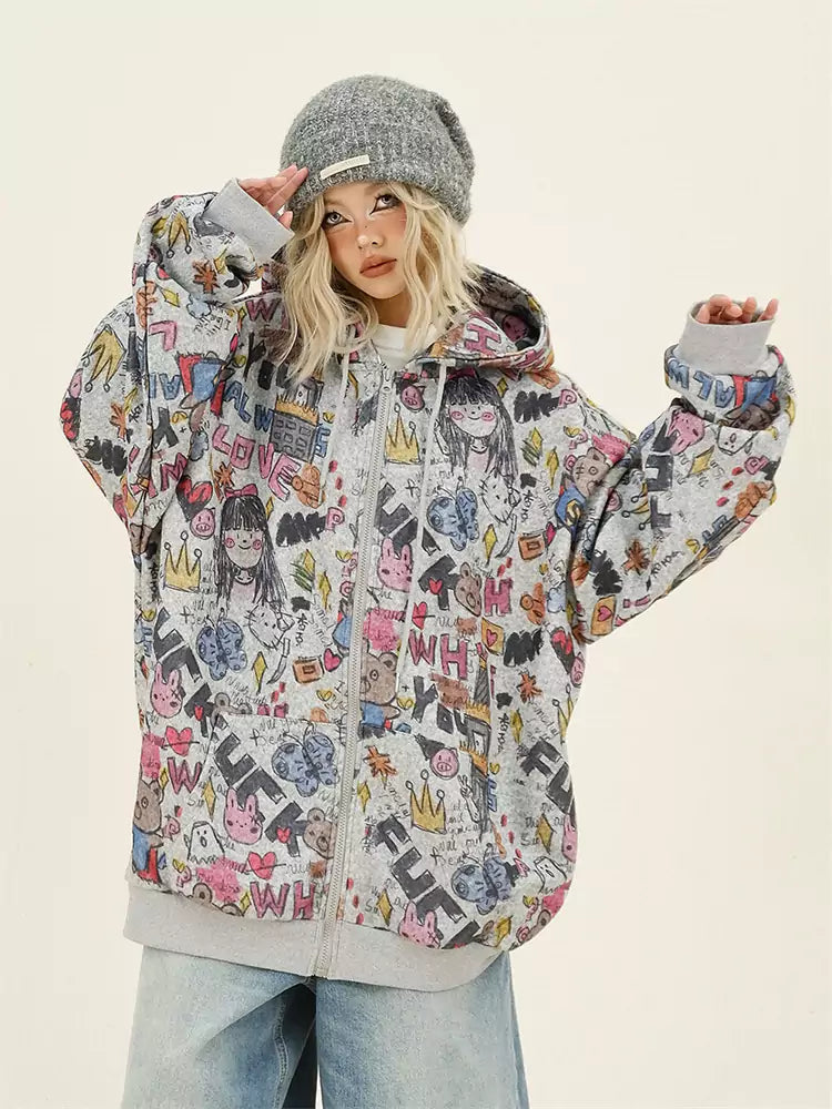 All-Over Cartoon Graffiti Print Zip Up Hoodie