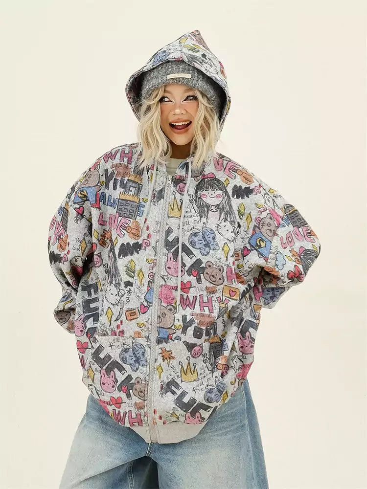 All-Over Cartoon Graffiti Print Zip Up Hoodie