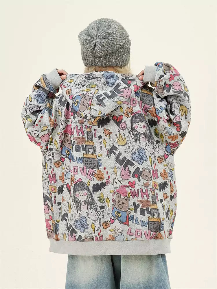 All-Over Cartoon Graffiti Print Zip Up Hoodie
