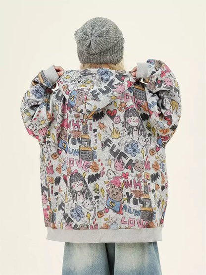 Sudadera con capucha y cremallera con estampado de grafiti de dibujos animados por todas partes