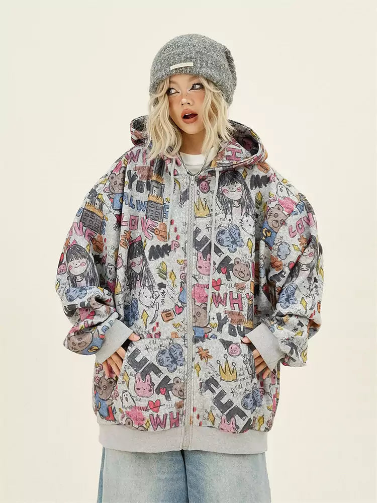All-Over Cartoon Graffiti Print Zip Up Hoodie