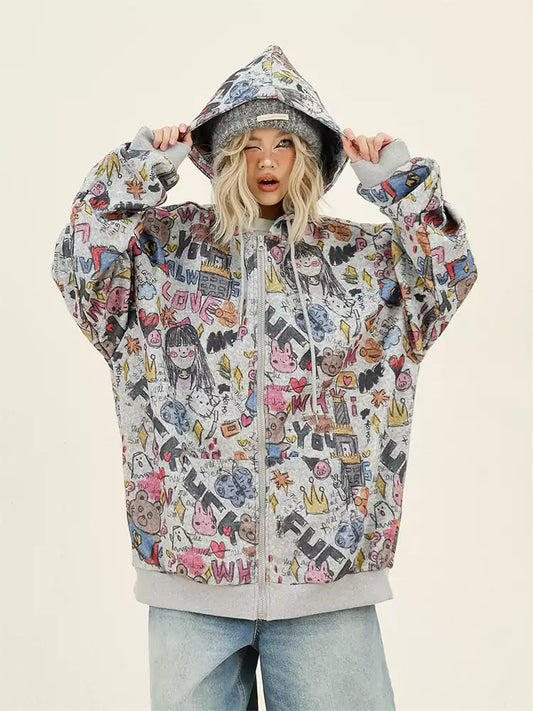 All-Over Cartoon Graffiti Print Zip Up Hoodie