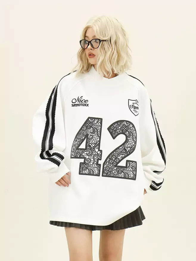 American College Style Lace Letter Long Sleve Oversized Tee