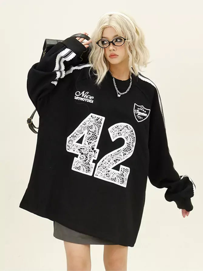 American College Style Lace Letter Long Sleve Oversized Tee