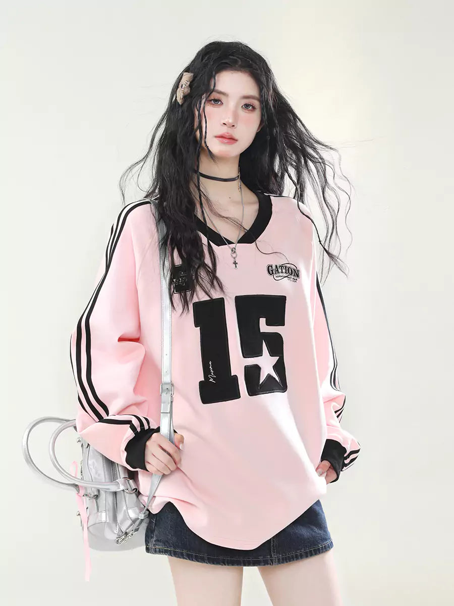 American Retro Sporty Stripes Sleeve V-Neck Sweatshirt