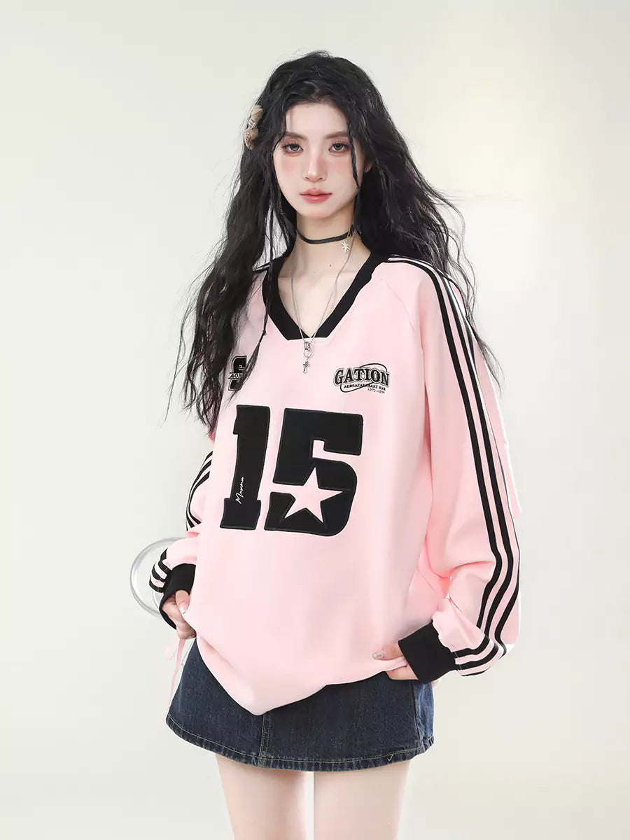 American Retro Sporty Stripes Sleeve V-Neck Sweatshirt
