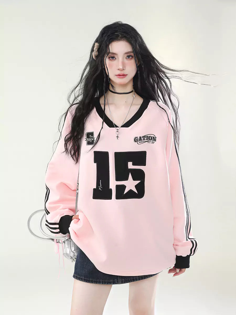 Sudadera deportiva americana retro con rayas y cuello en V